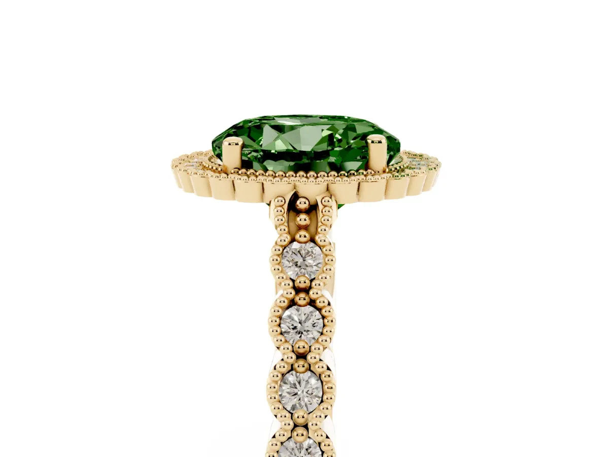 Fancy Green Round Cut Cut Halo Pavé Solitaire Ring with Milgrain Band Yellow gold