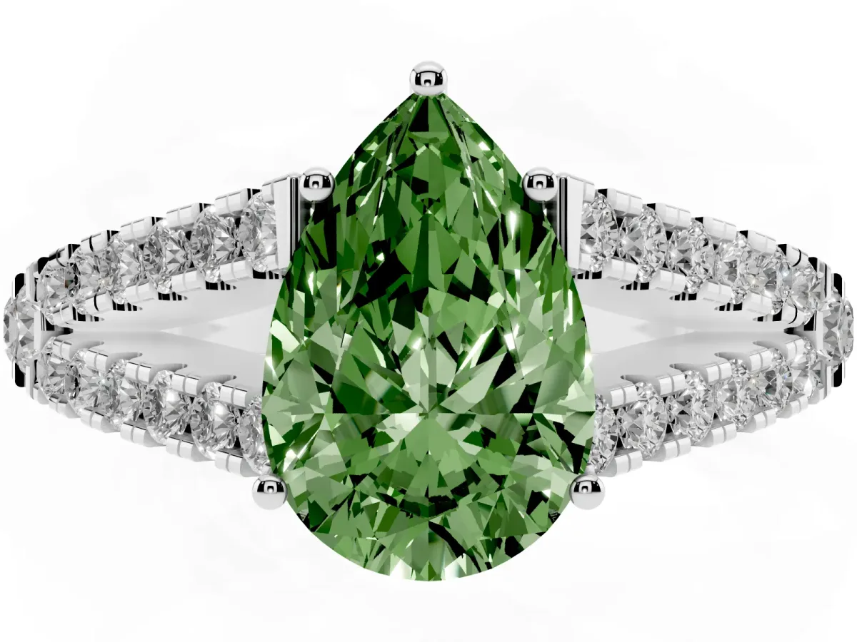 Fancy Green Pear Cut Diamond Split Shank Pavé Engagement Ring with Four-Prong Setting Platinum
