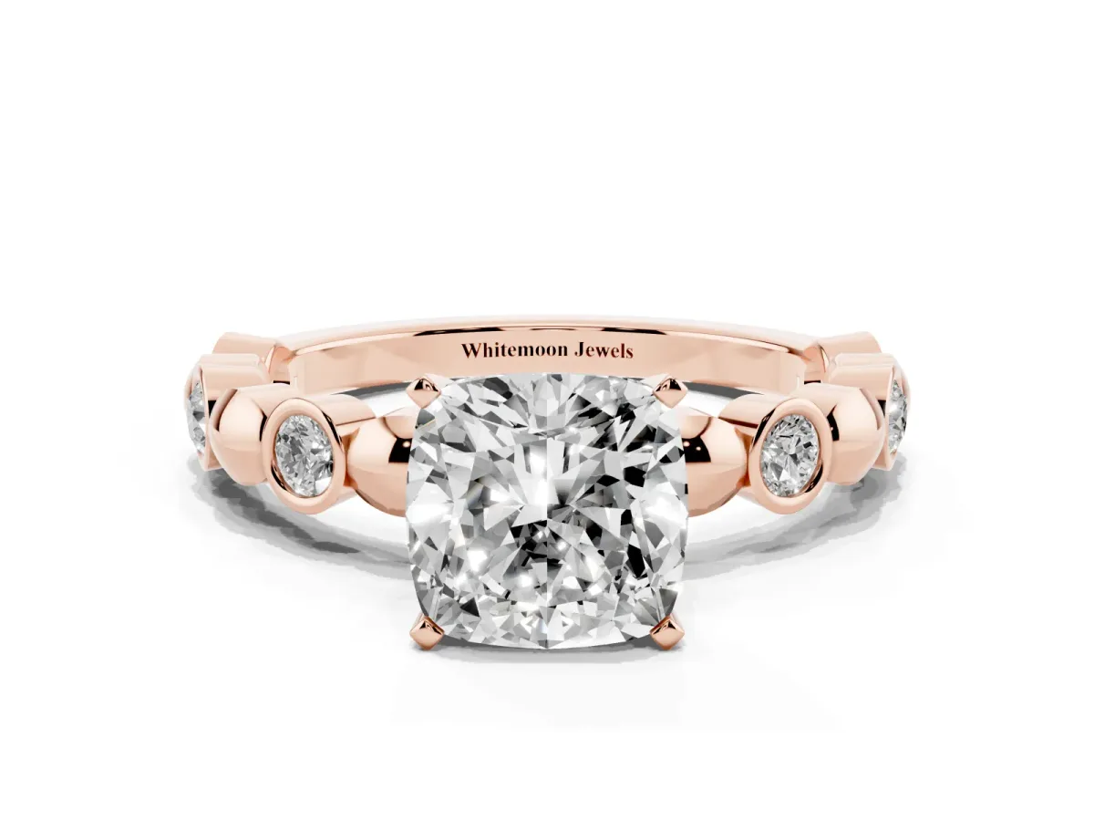 Cushion Cut Solitaire Bezel-Set Diamond Ring with Beaded Band and Four-Prong Setting Rose gold