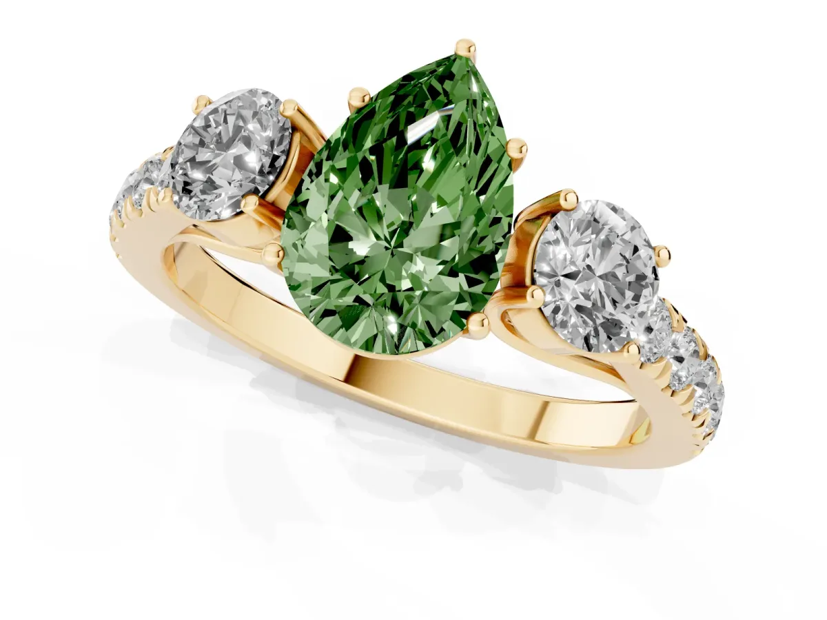 Fancy Green Pear Cut Cut Diamond Three-Stone Ring with Round Side Stones and Pavé Band Yellow gold
