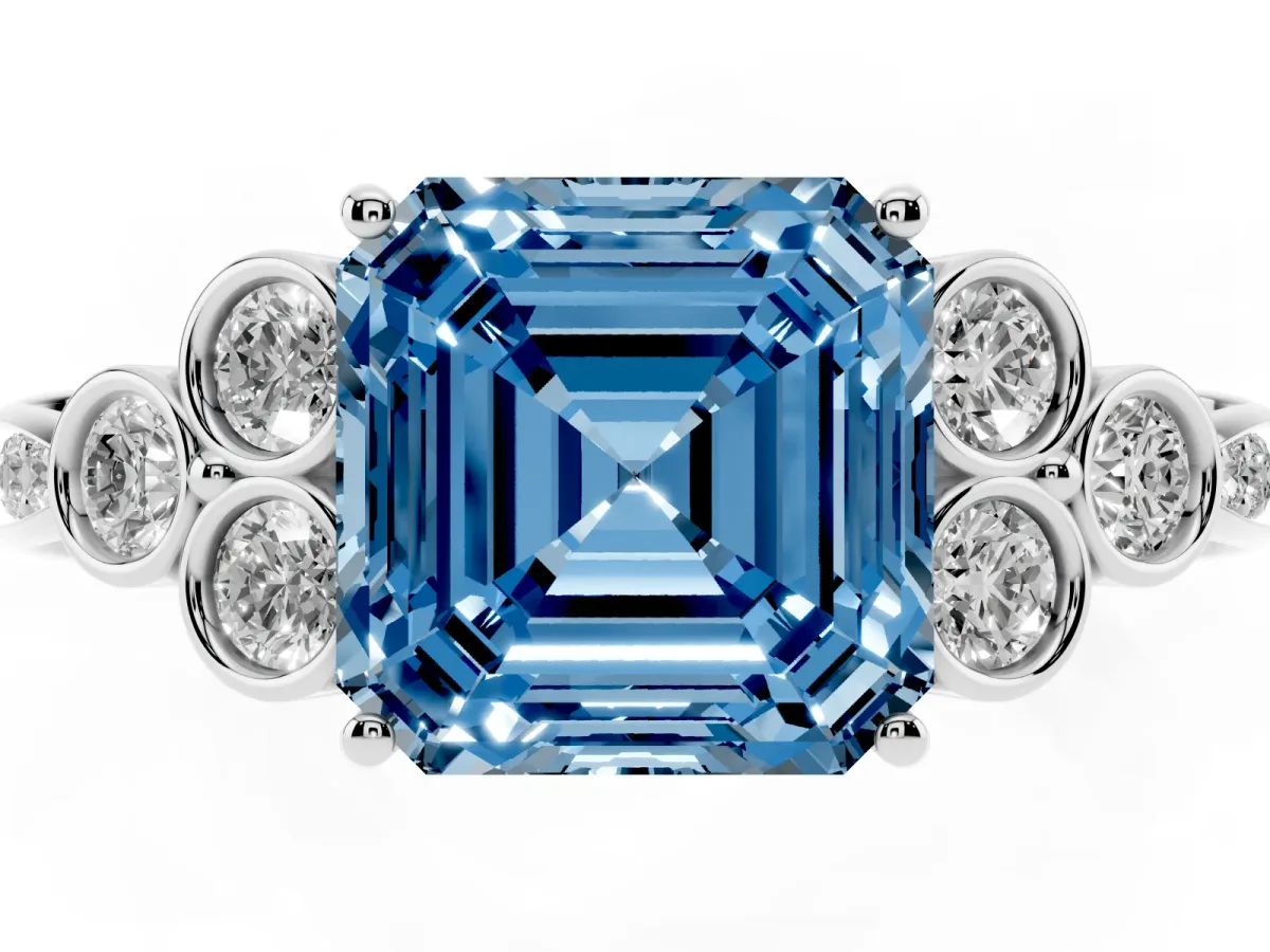 Fancy Blue Asscher Cut Cut Diamond Engagement Ring with Bezel Set Round Side Stones and Prong Setting Silver
