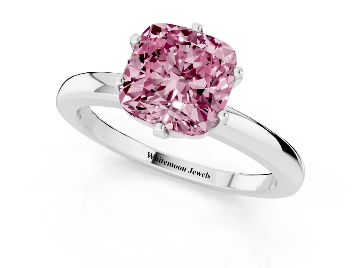 Fancy Pink Cushion Cut Solitaire Diamond Ring with Six-Prong Setting on a Classic Band Silver