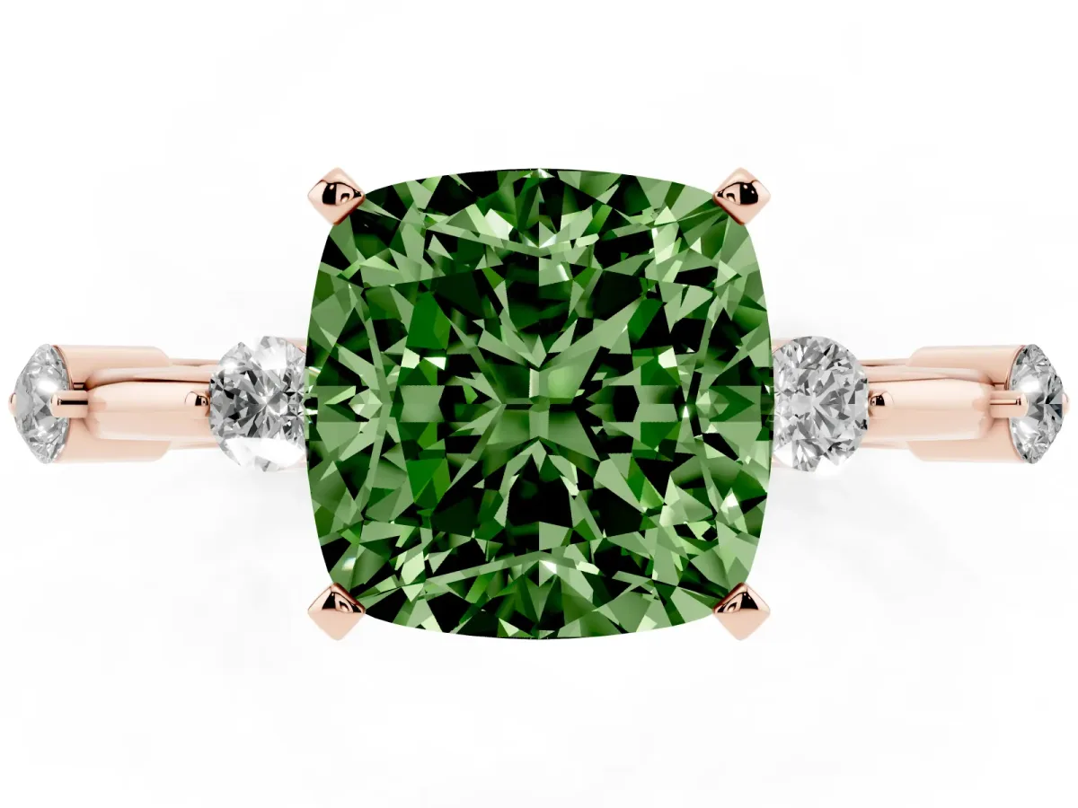 Fancy Green Cushion Cut Solitaire Diamond Ring with Bezel Set Side Stones and Prong Setting Rose gold