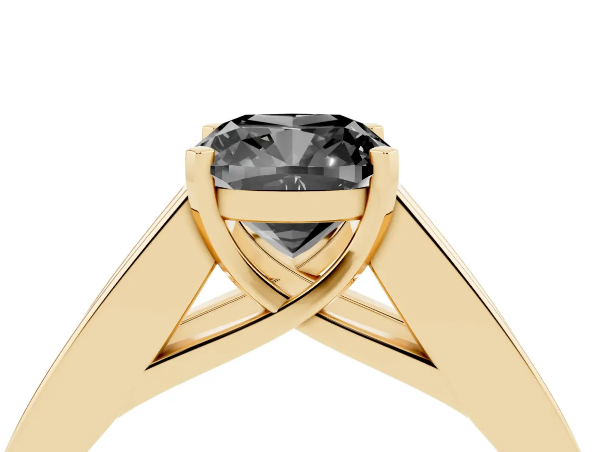 Fancy Black Cushion Cut Cut Channel Set Solitaire Ring with Four-Prong Setting Yellow gold