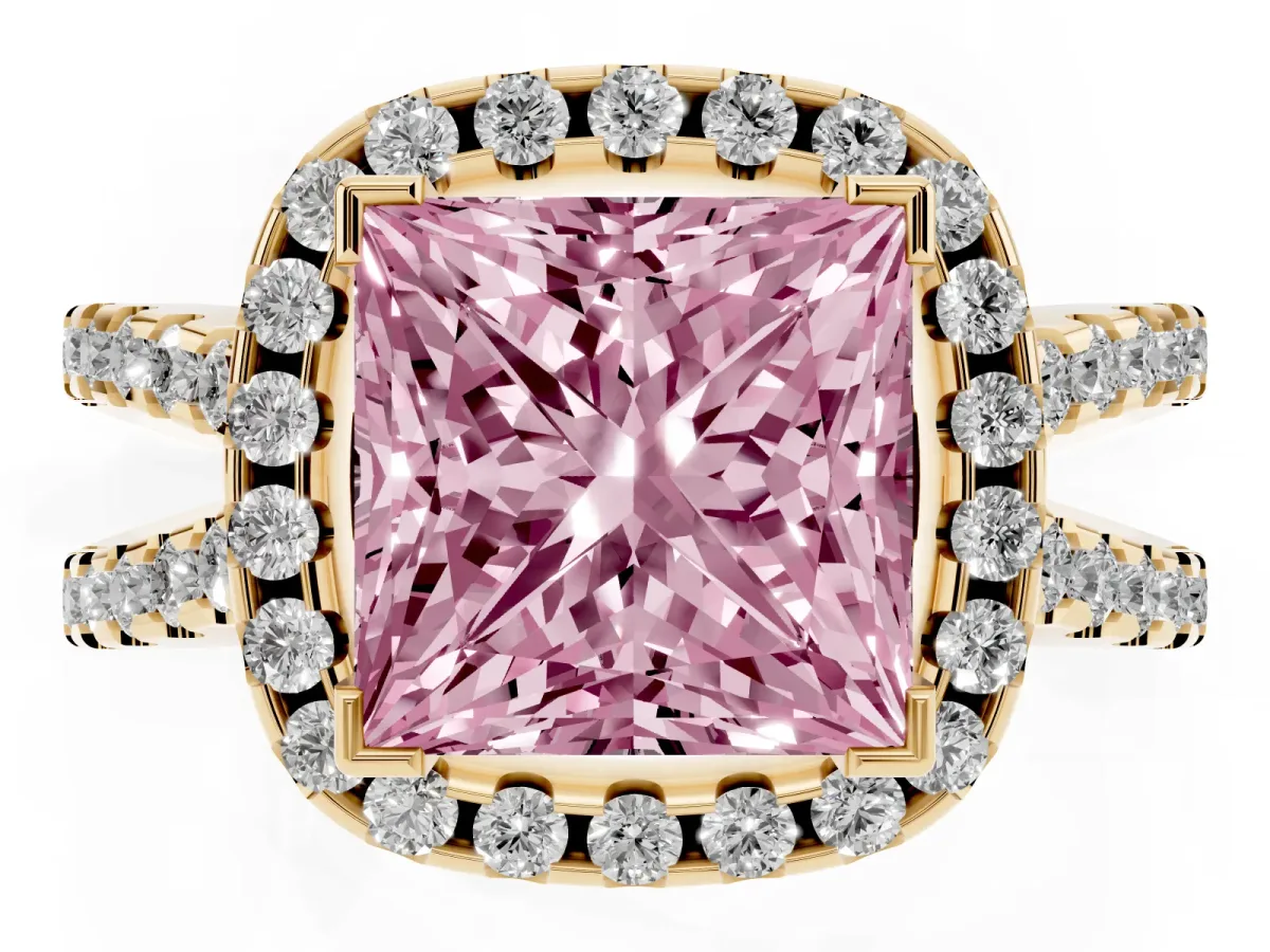Fancy Pink Princess Cut Diamond Halo Ring with Split Shank Pavé Band and Prong Setting Yellow gold