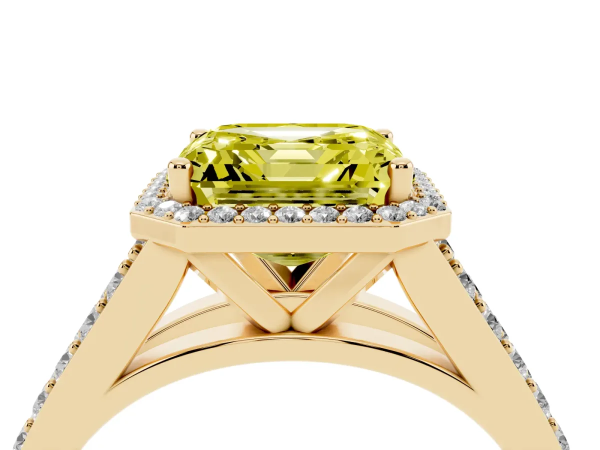 Fancy Yellow Asscher Cut Diamond Split Shank Halo Ring with Four-Prong Setting Yellow gold