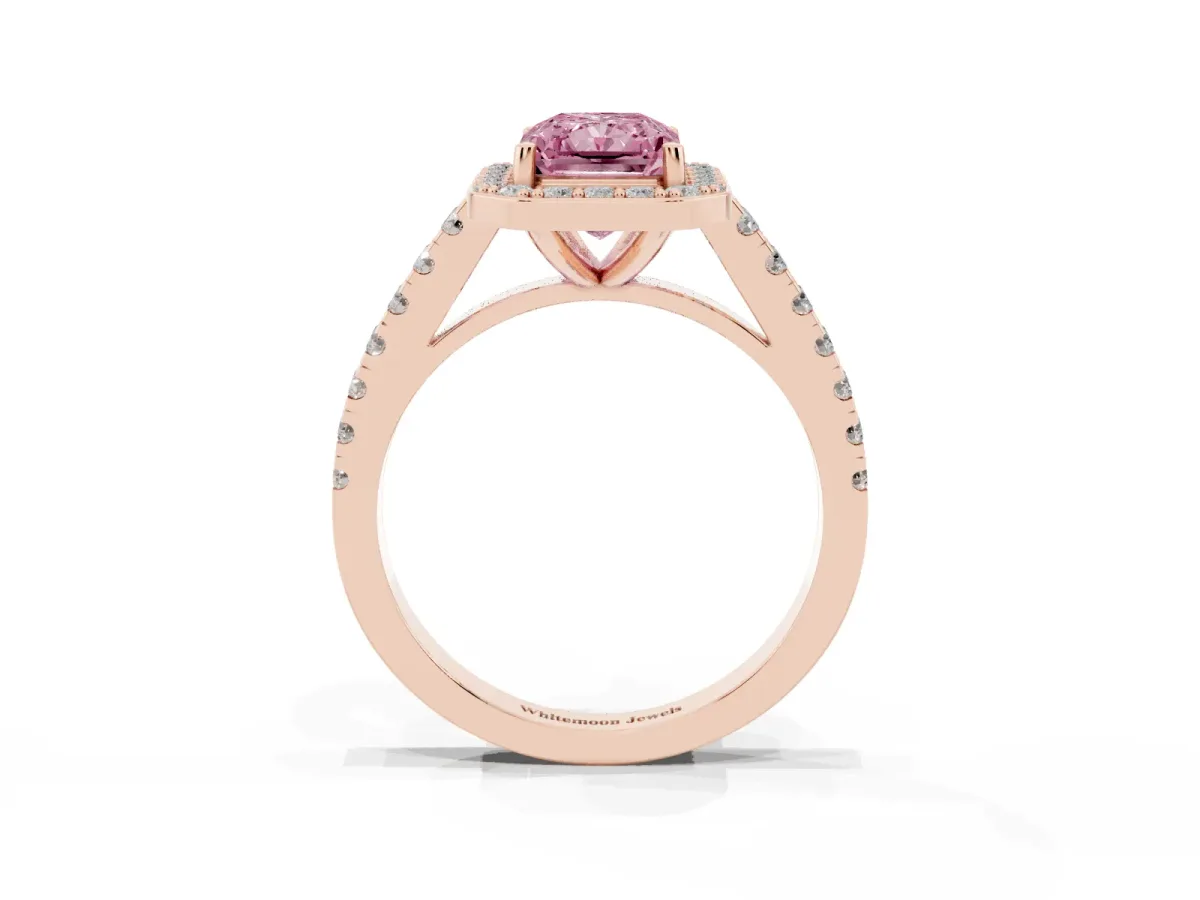 Fancy Pink Radiant Cut Diamond Halo Ring with Round Pavé Split Shank and Prong Setting Rose gold