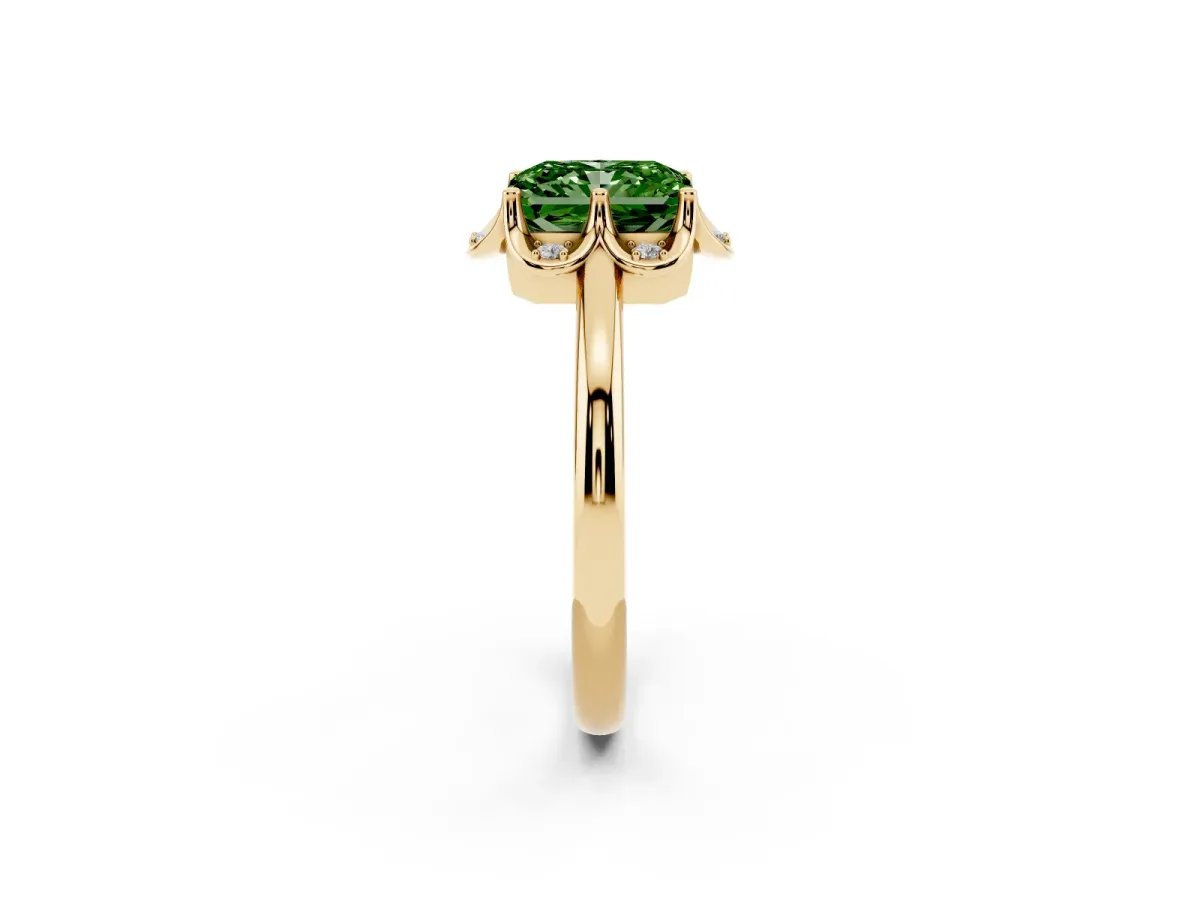 Fancy Green Radiant Cut Halo Diamond Ring with Round Cluster Setting, Solitaire Band, and Four-Prong Setting Yellow gold