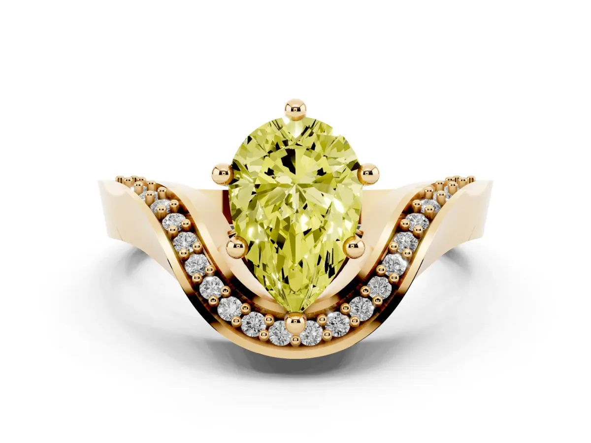 Fancy Yellow Pear Cut Solitaire Diamond Engagement Ring with Pave Band and Four-Prong Setting Yellow gold