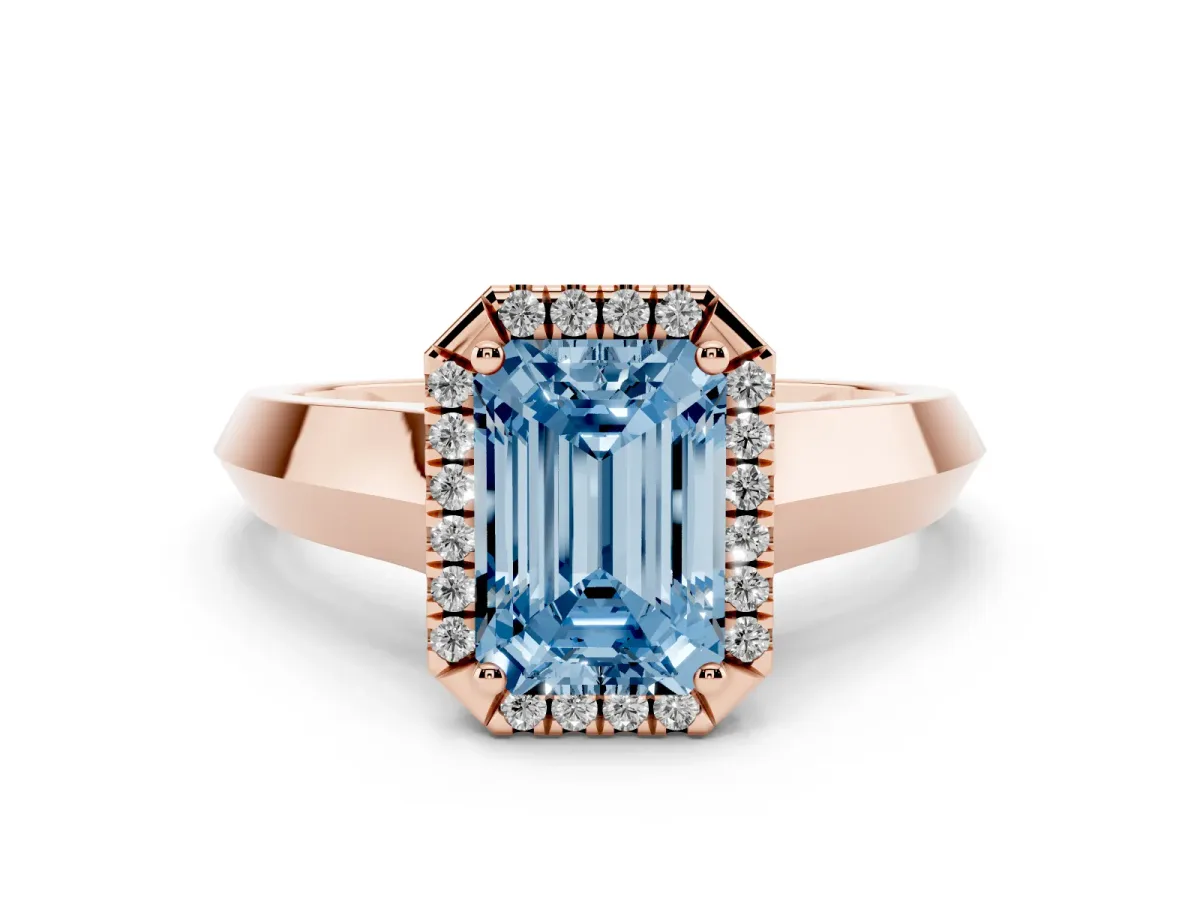 Fancy Blue Emerald Cut Halo Diamond Ring with Cathedral Band and Four-Prong Setting Rose gold