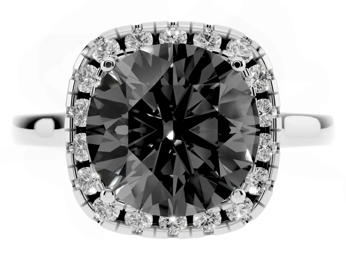 Fancy Black Round Cut Halo Round Diamond Solitaire Ring with Pavé Band and Four-Prong Setting Platinum