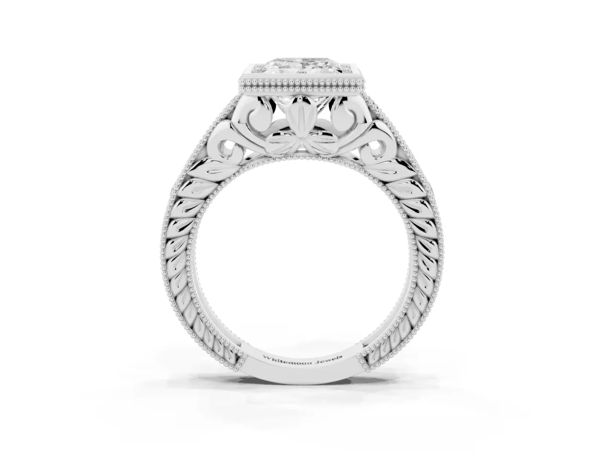 Bezel Set Princess Cut Diamond Milgrain Pave Engagement Ring Silver