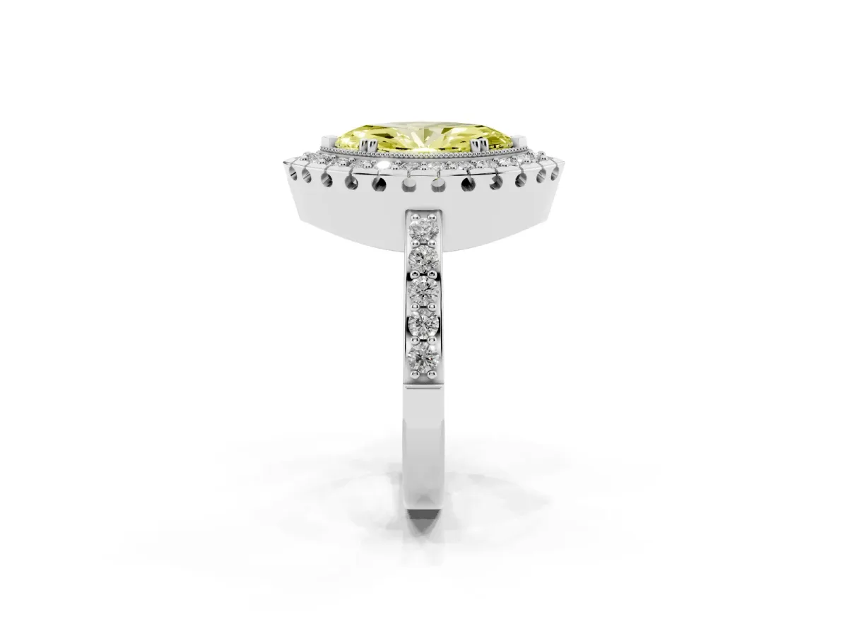 Fancy Yellow Marquise Cut Diamond Halo Ring with Pavé Band and Prong Setting White gold