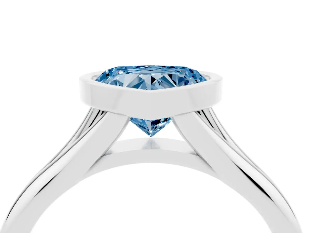 Fancy Blue Bezel Set Heart Cut Solitaire Diamond Ring with Smooth Band Platinum