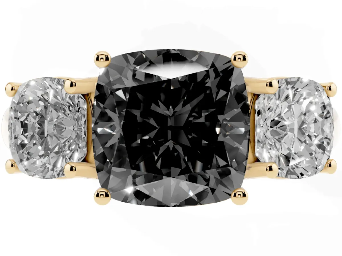Fancy Black Three-Stone Cushion Cut Diamond Engagement Ring with Prong Setting Yellow gold