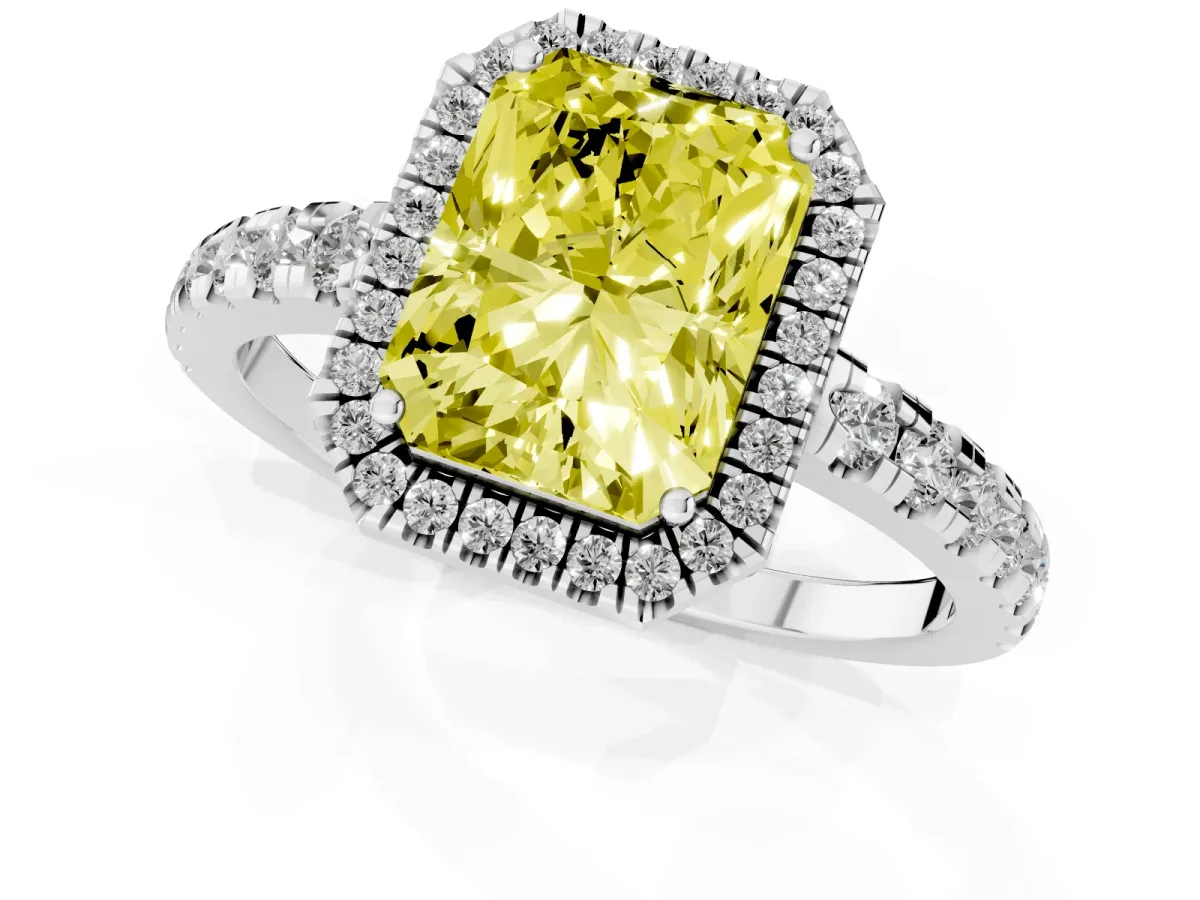 Fancy Yellow Radiant Cut Diamond Halo Ring with Pavé Band and Four-Prong Setting White gold