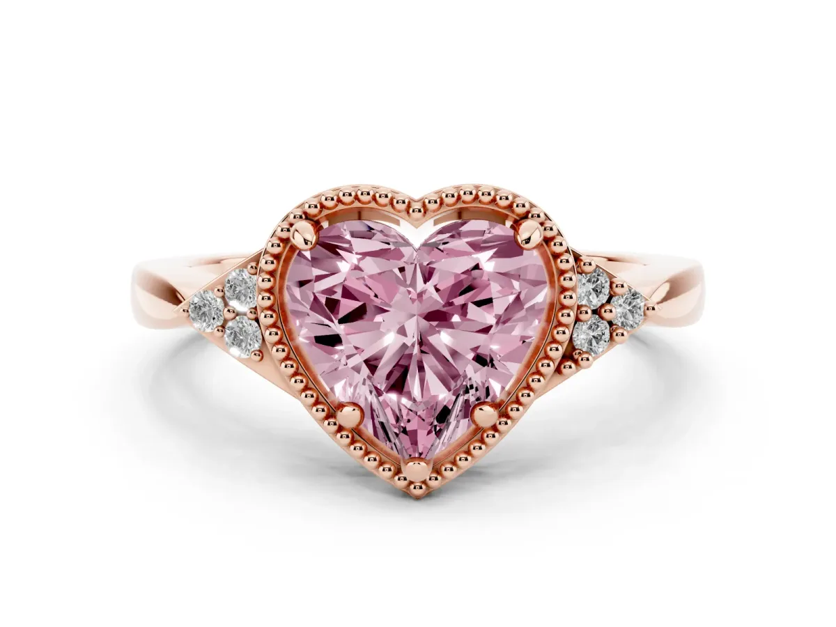 Fancy Pink Hexagonal Halo Heart Cut Diamond Solitaire with Pavé Band and Four-Prong Setting Rose gold