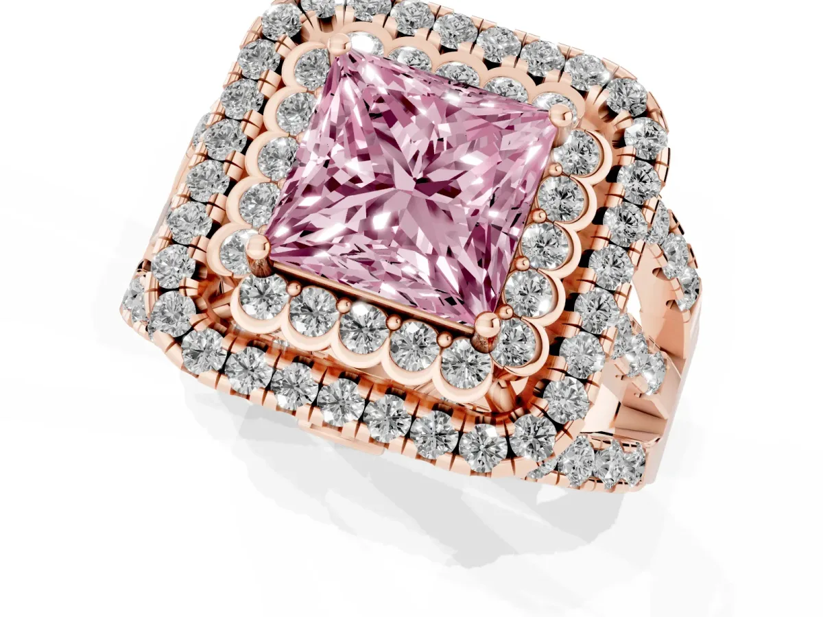 Fancy Pink Princess Cut Diamond Double Halo Ring with Round Pavé Split Shank and Prong Setting Rose gold