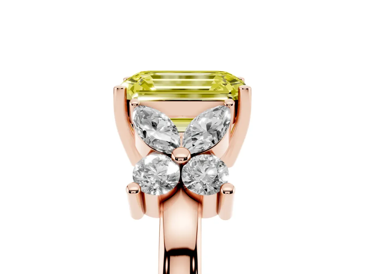 Fancy Yellow Emerald Cut Diamond Floral Cluster Ring with Solitaire Band and Prong Setting Rose gold