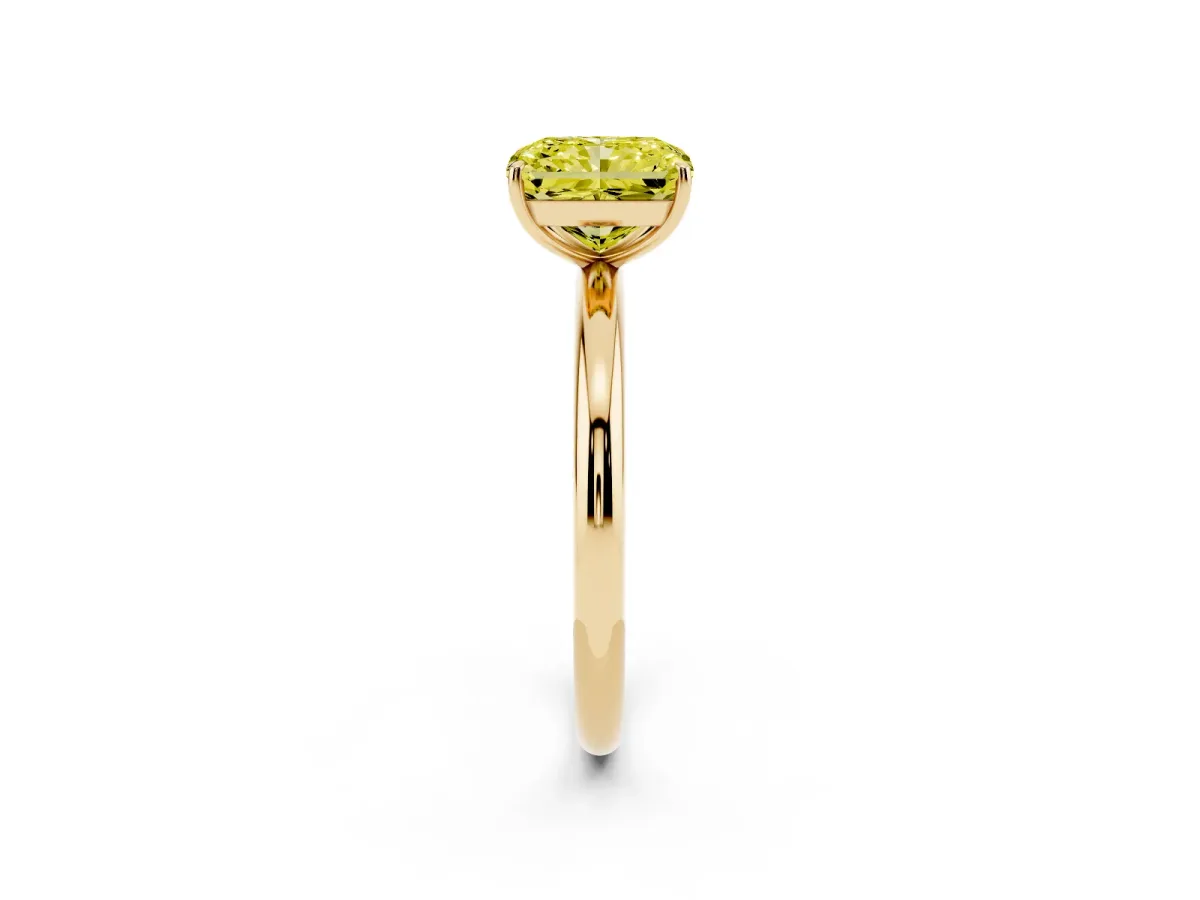 Fancy Yellow Radiant Cut Solitaire Diamond Ring with Four-Prong Setting on a Plain Band Yellow gold