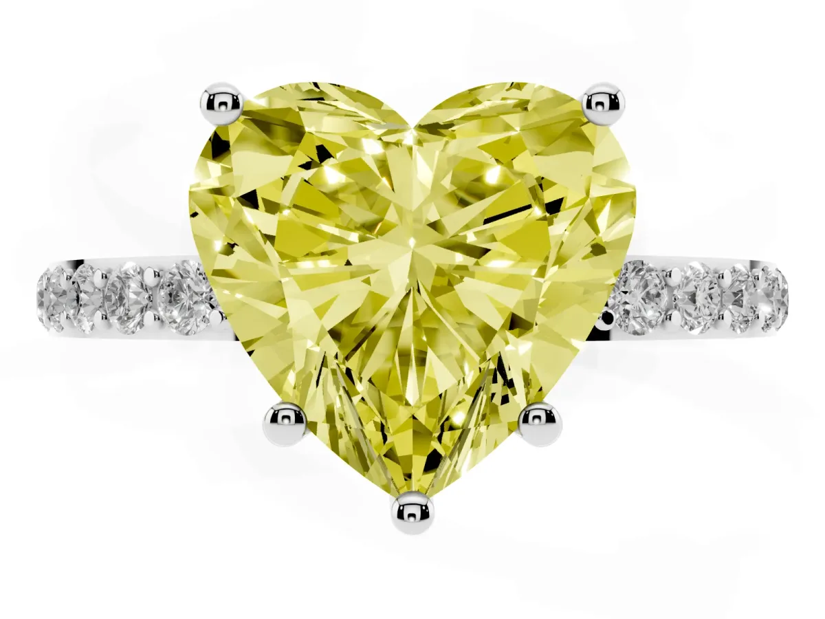 Fancy Yellow Heart Cut Diamond Solitaire Ring with Round Pavé Shoulders and Prong Setting Silver