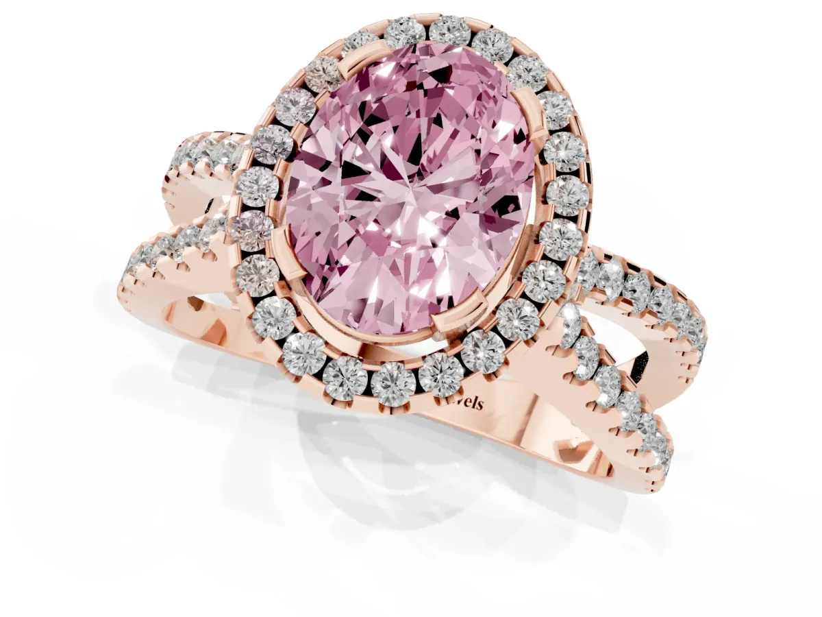 Fancy Pink Oval Cut Diamond Halo Ring with Split Shank Pavé Band and Prong Setting Rose gold