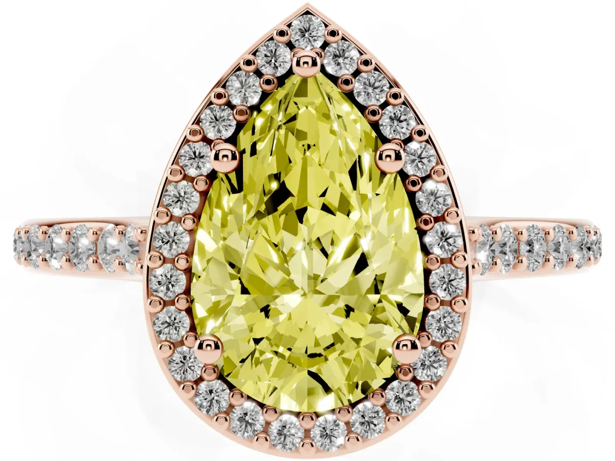 Fancy Yellow Pear Cut Diamond Halo Engagement Ring with Round Pavé Shoulders and Prong Setting Rose gold