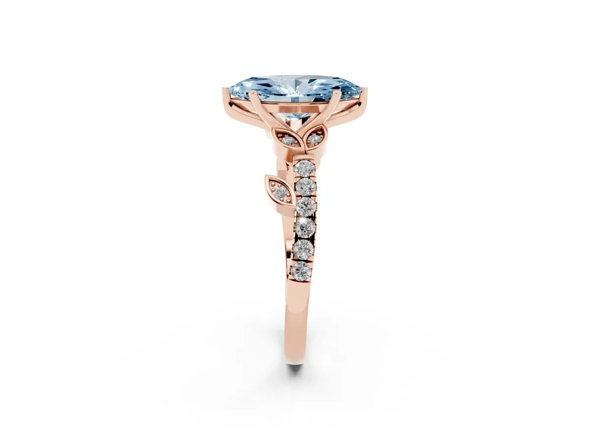 Fancy Blue Marquise Cut Solitaire Leaf-Inspired Diamond Ring with Pavé Band and Four-Prong Setting Rose gold