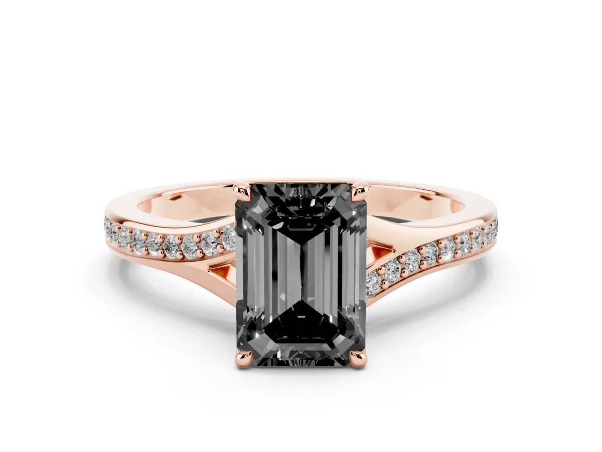 Fancy Black Emerald Cut Diamond Solitaire Ring with Pavé Band and Prong Setting Rose gold