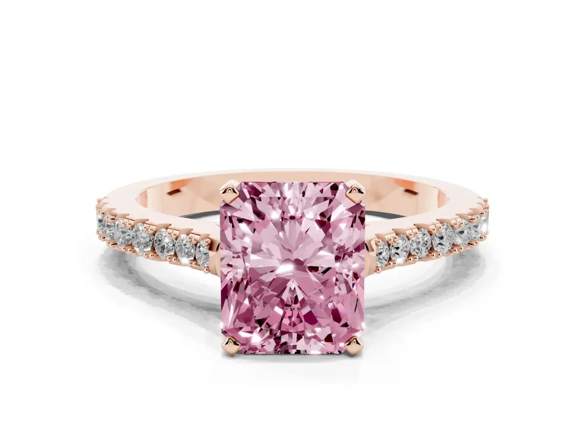 Fancy Pink Radiant Cut Cut Solitaire Diamond Engagement Ring with Pave Band and Four-Prong Setting Rose gold
