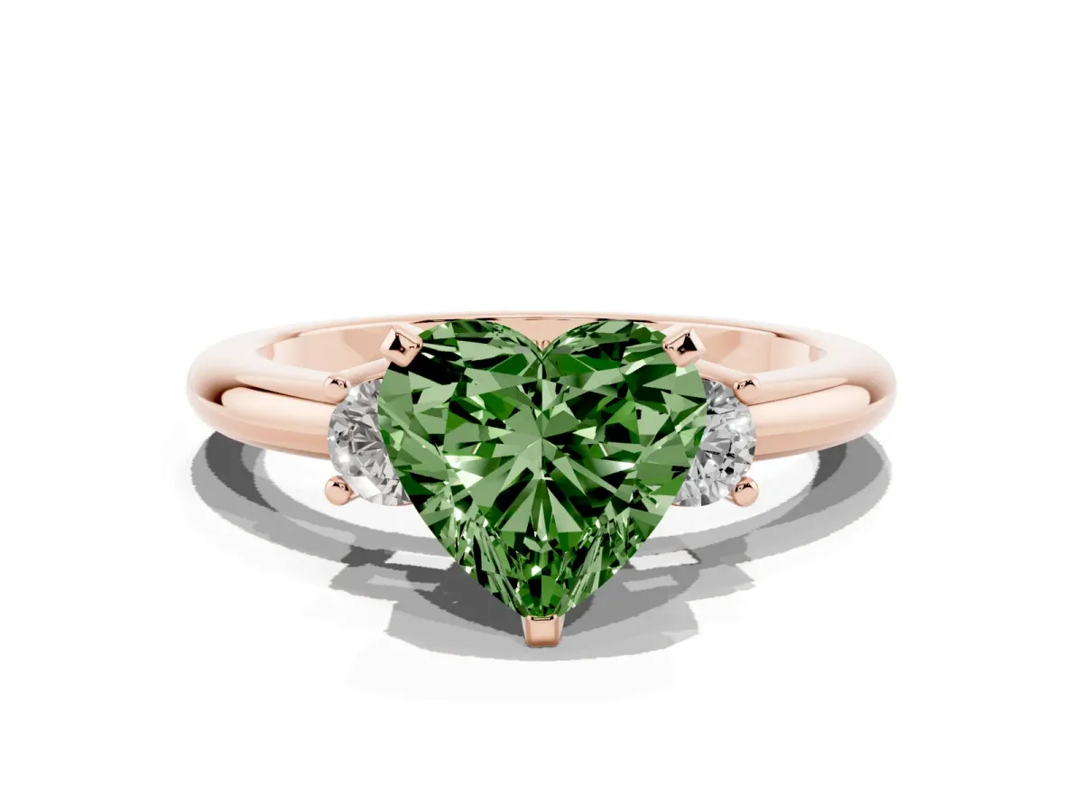 Fancy Green Three-Stone Heart Cut Cut Diamond Solitaire with Prong Setting and Classic Band Rose gold