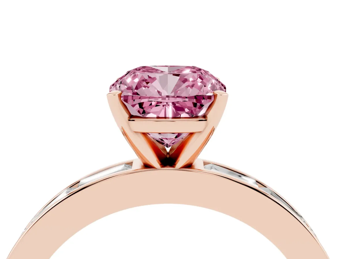 Fancy Pink Cushion Cut Solitaire Diamond Ring with Channel-Set Baguette Band and Four-Prong Setting Rose gold