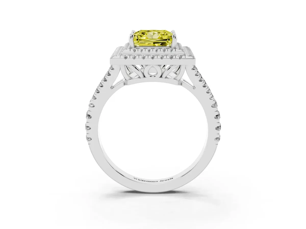 Fancy Yellow Princess Cut Diamond Double Halo Ring with Pavé Band and Prong Setting White gold