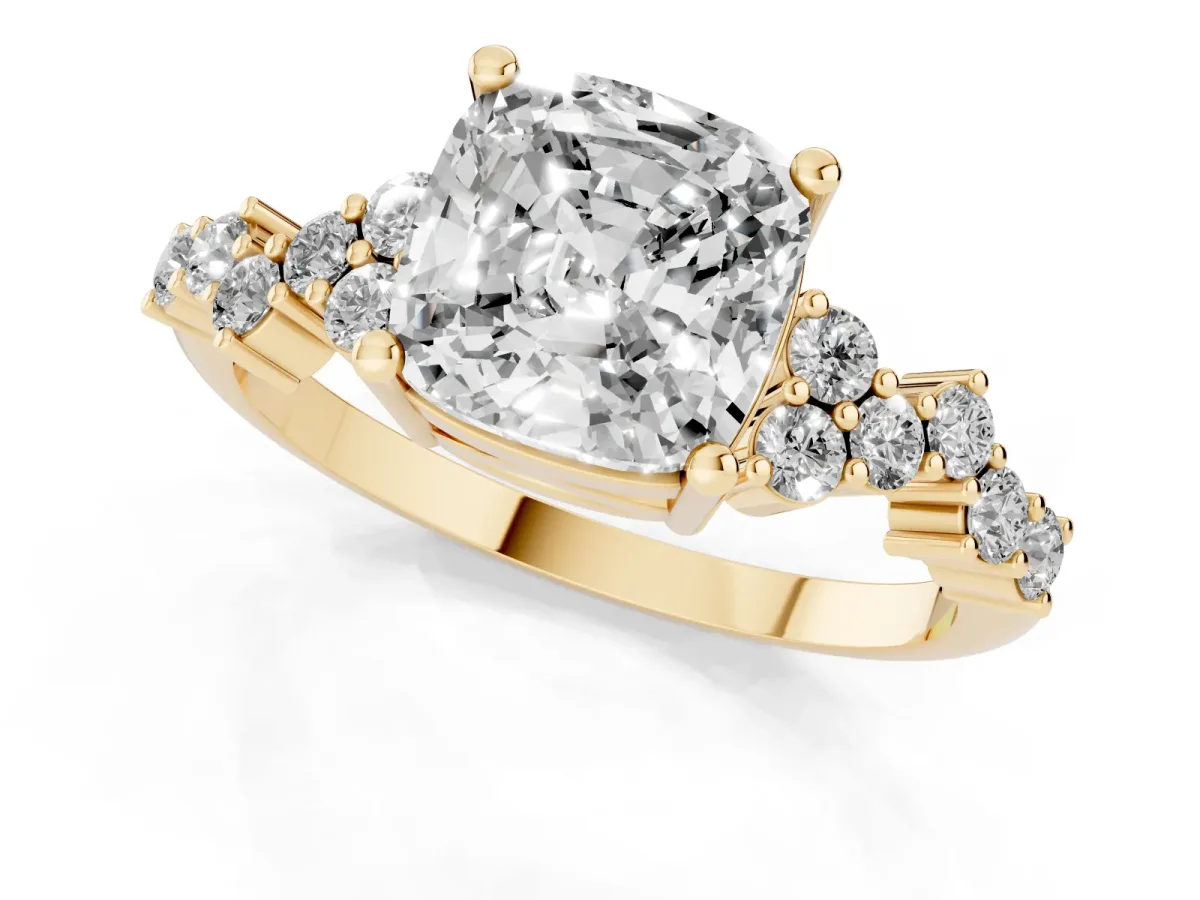 Cushion Cut Diamond Scattered Round Accent Ring with Prong Setting Yellow gold