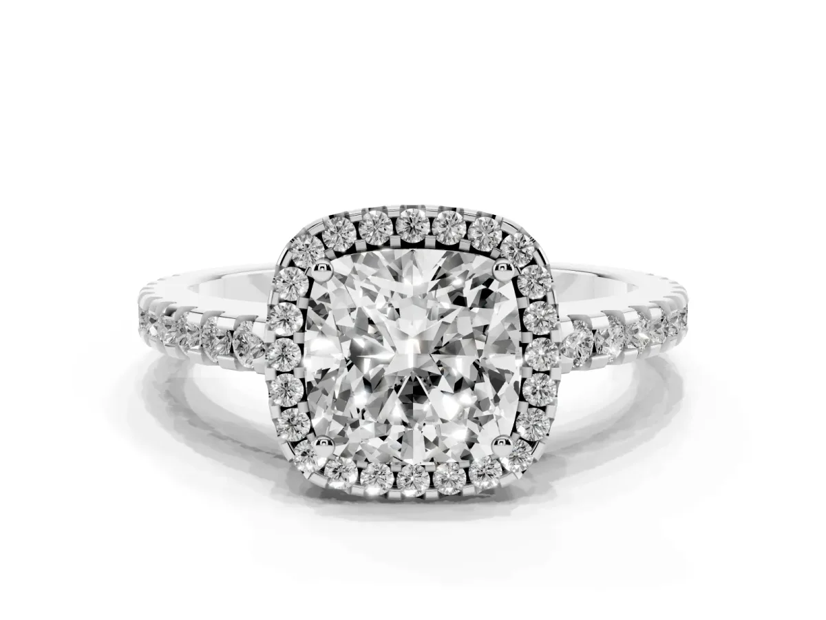 Cushion Cut Diamond Halo Engagement Ring with Pavé Band and Prong Setting Silver