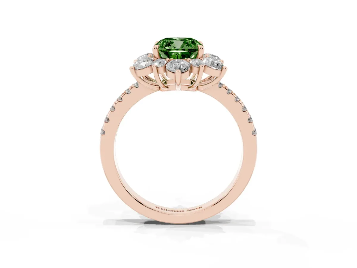 Fancy Green Cushion Cut Diamond Floral Halo Ring with Round Pavé Band and Prong Setting Rose gold