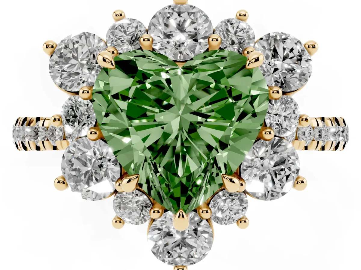 Fancy Green Heart Cut Diamond Floral Halo Ring with Round Pavé Band and Prong Setting Yellow gold