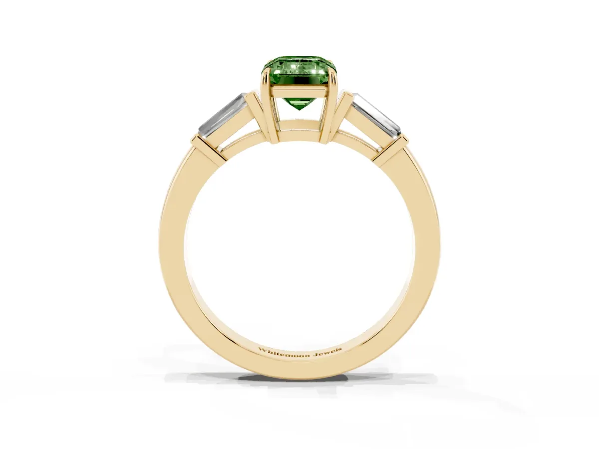 Fancy Green Emerald Cut Diamond Three-Stone Ring with Tapered Baguette Side Stones and Prong Setting Yellow gold