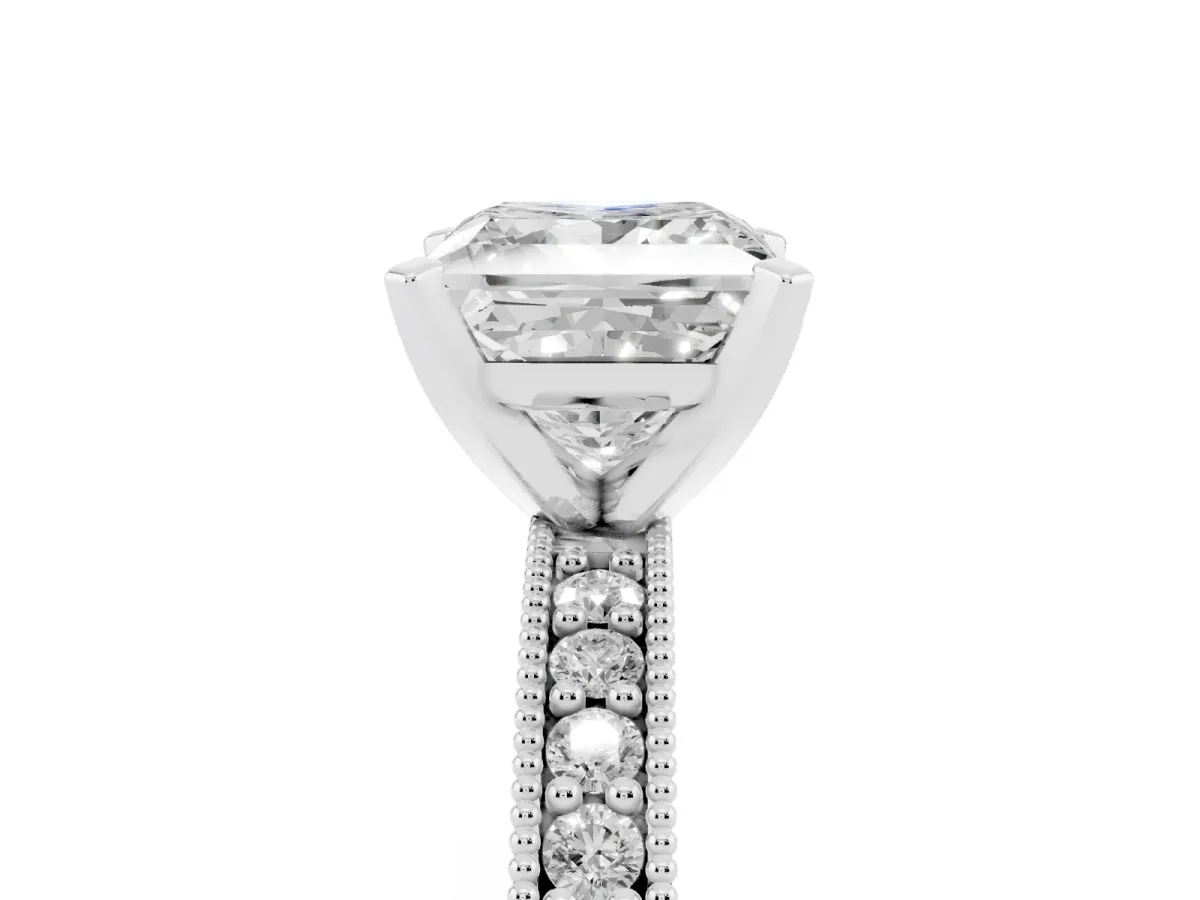Princess Cut Diamond Milgrain Pavé Engagement Ring with Four-Prong Setting Platinum