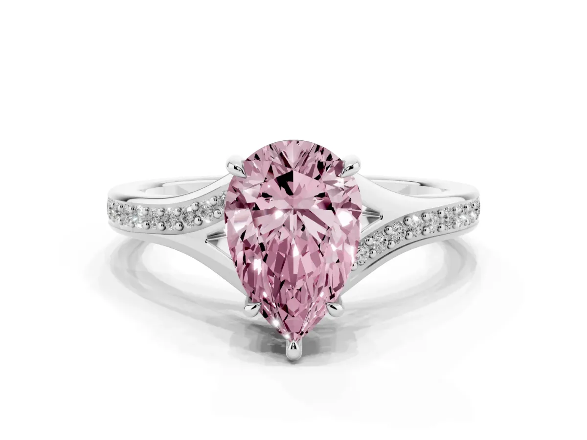Fancy Pink Pear Cut Diamond Solitaire Ring with Pavé Band and Prong Setting Silver