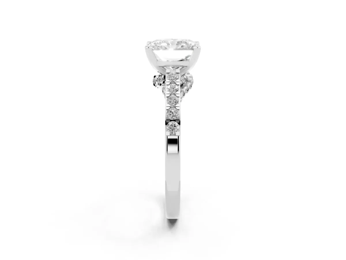 Radiant Cut Diamond Solitaire Ring with Crossover Gallery and Round Pavé Band Platinum