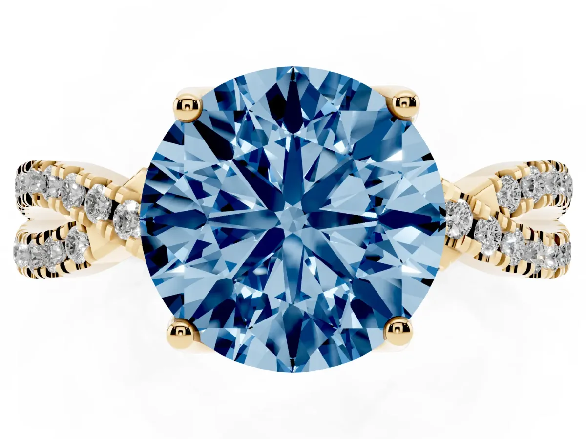 Fancy Blue Round Cut Solitaire Twist Pave Diamond Engagement Ring with Prong Setting Yellow gold