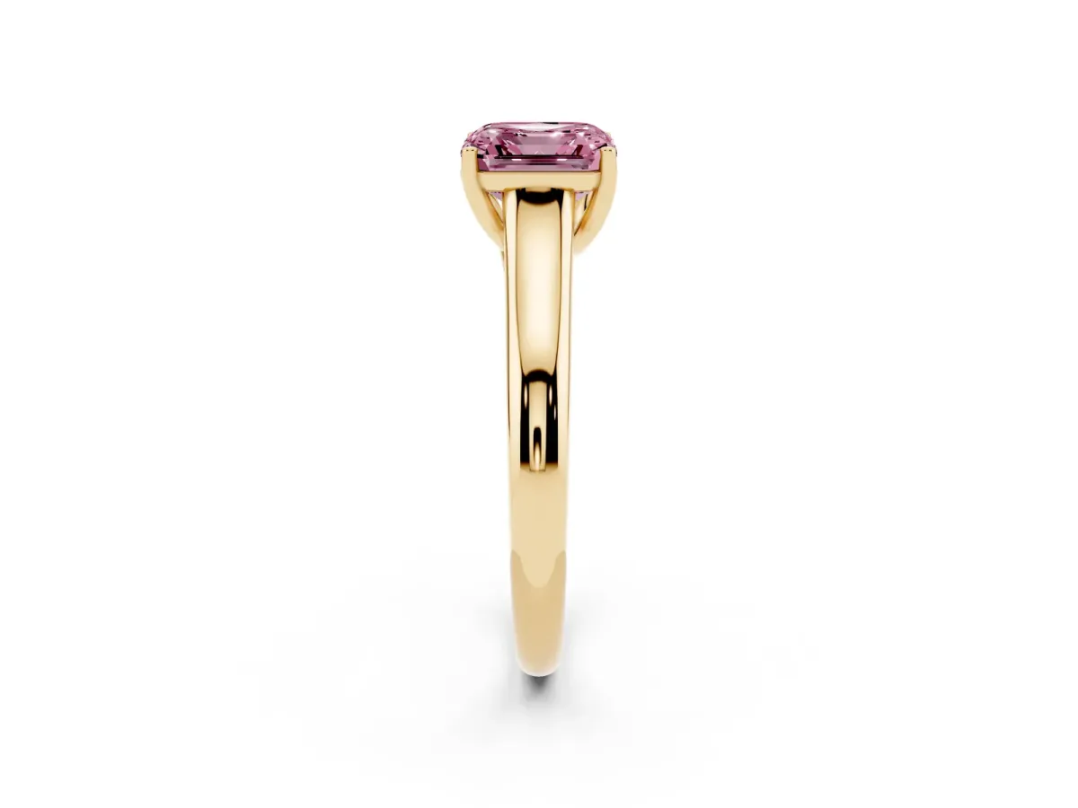 Fancy Pink Asscher Cut Solitaire Engagement Ring with Tapered Band and Four-Prong Setting Yellow gold