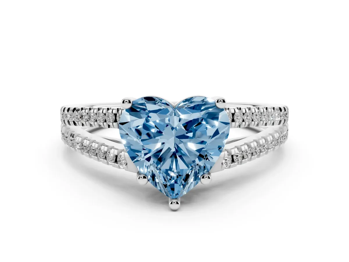 Fancy Blue Heart Cut Diamond Solitaire Engagement Ring with Split Shank Pavé Band Silver