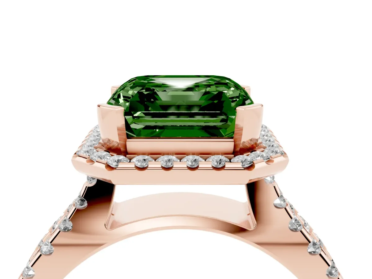 Fancy Green Asscher Cut Diamond Halo Ring with Split Shank Pavé Band and Prong Setting Rose gold
