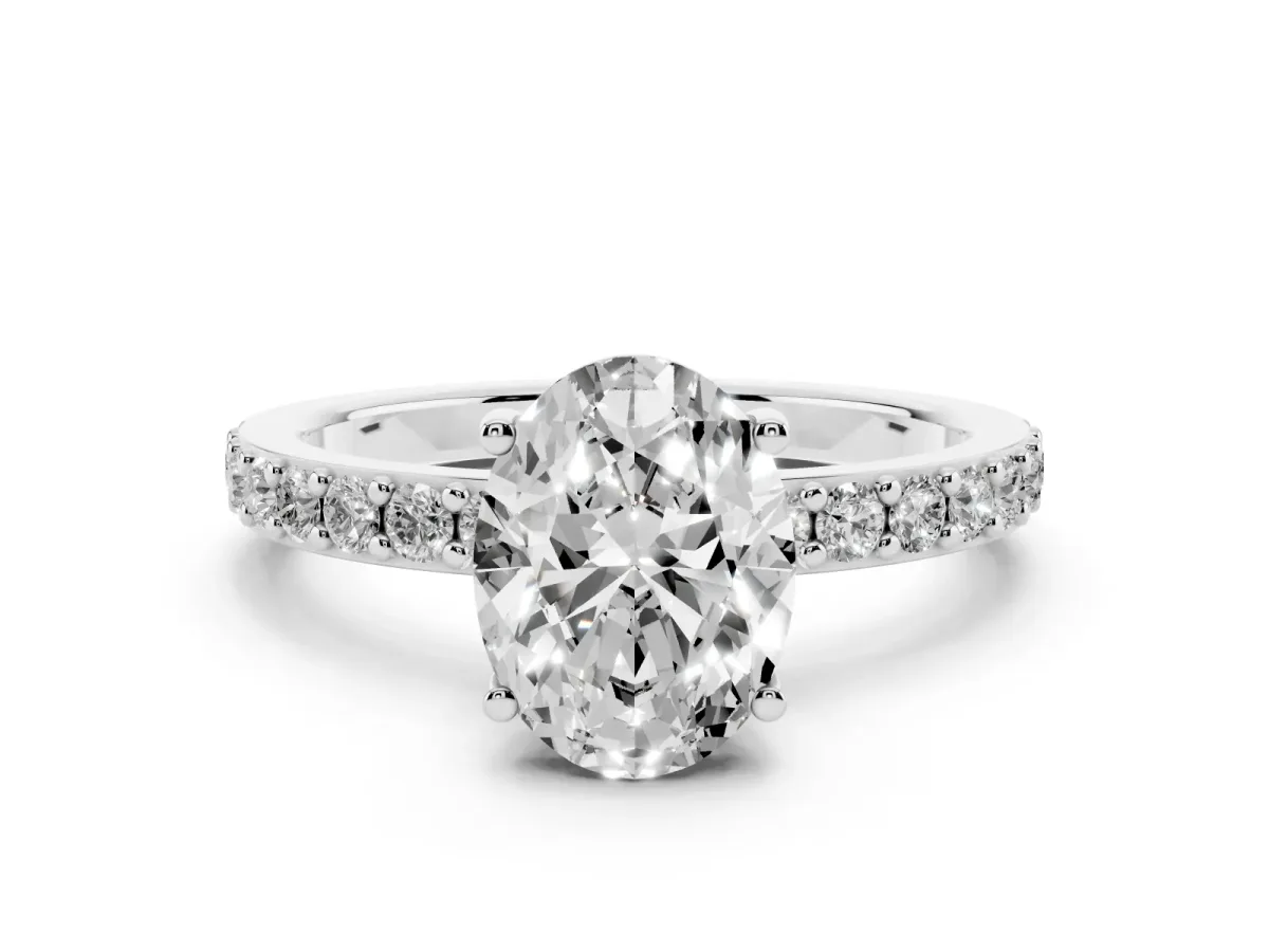 Oval Cut Cut Diamond Solitaire with Pave Band and Four-Prong Setting Silver