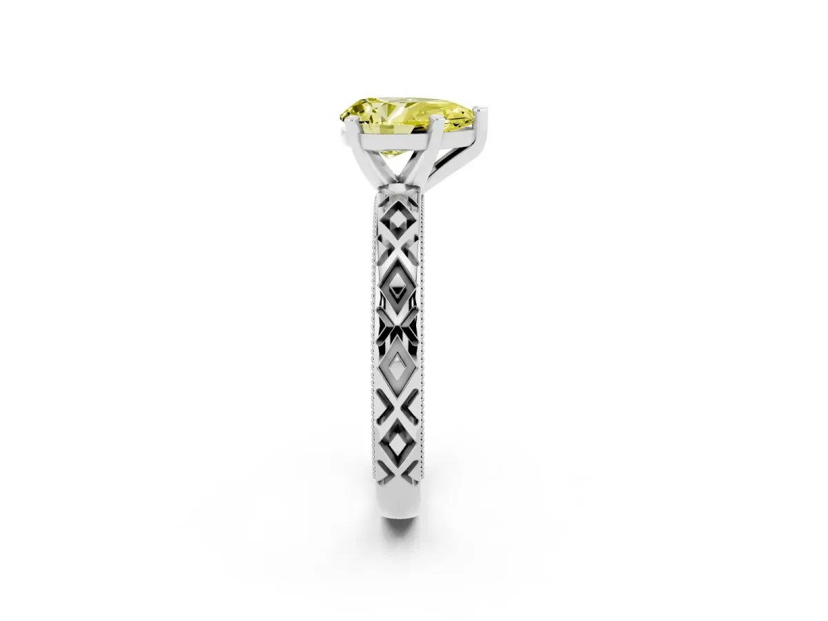 Fancy Yellow Pear Cut Solitaire Diamond Ring with Milgrain and Black Enamel X Pattern Band Silver