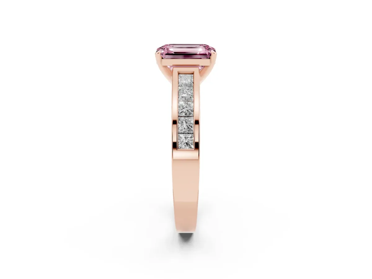Fancy Pink Emerald Cut Solitaire Diamond Ring with Channel-Set Band and Four-Prong Setting Rose gold