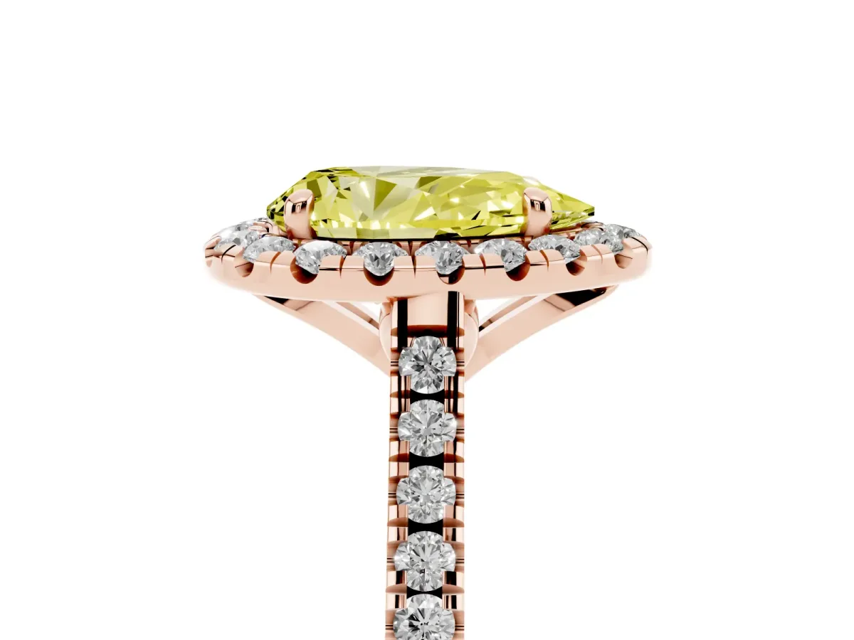 Fancy Yellow Pear Cut Diamond Cushion Halo Ring with Pavé Band Rose gold