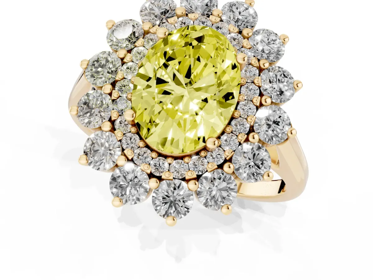 Fancy Yellow Oval Cut Diamond Floral Double Halo Engagement Ring with Prong Setting Yellow gold